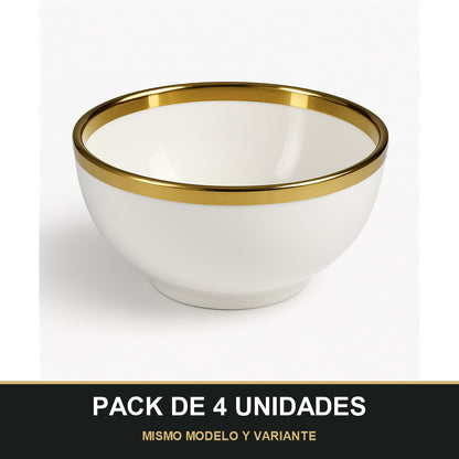 PACK DE 4 UNIDADES — Bol de Cerámica Ø12,5 cm con Borde Dorado – Blanco Elegante. MISMO MODELO Y VARIANTE