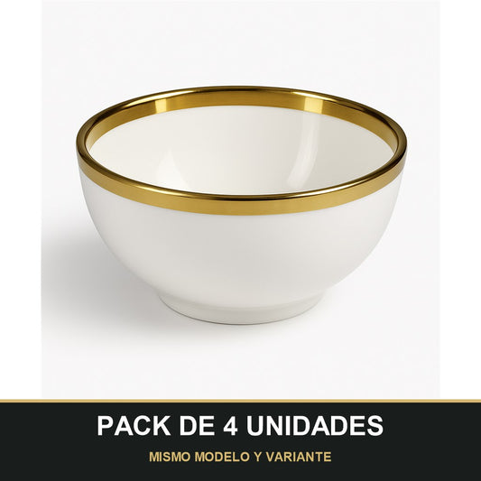 PACK DE 4 UNIDADES — Bol de Cerámica Ø12,5 cm con Borde Dorado – Blanco Elegante. MISMO MODELO Y VARIANTE