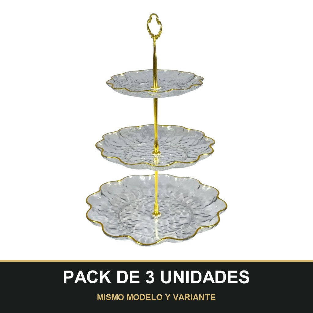 PACK DE 3 UNIDADES — Soporte de Plástico de 3 Niveles con Bordes Dorados – Ideal para Postres y Aperitivos ✨. MISMO MODELO Y VARIANTE
