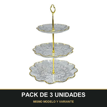 PACK DE 3 UNIDADES — Soporte de Plástico de 3 Niveles con Bordes Dorados – Ideal para Postres y Aperitivos ✨. MISMO MODELO Y VARIANTE