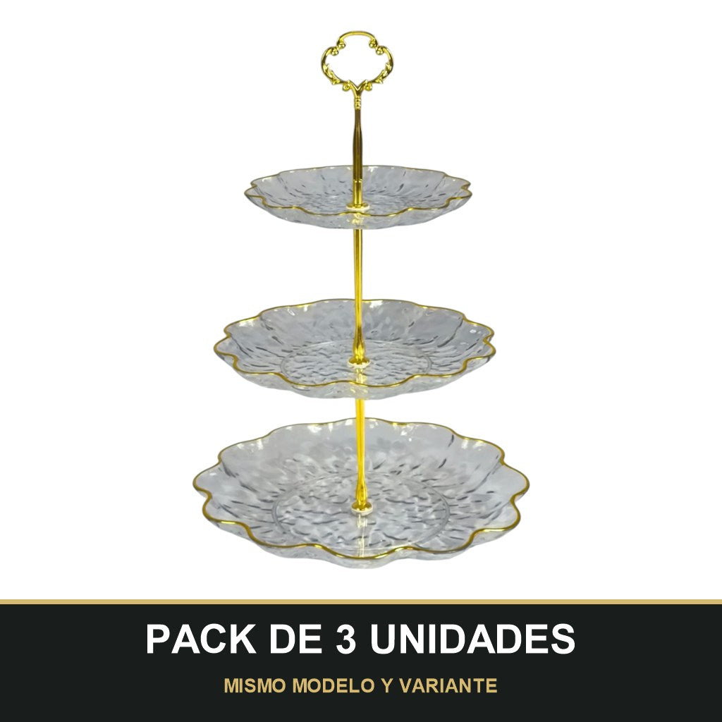 PACK DE 3 UNIDADES — Soporte de Plástico de 3 Niveles con Bordes Dorados – Ideal para Postres y Aperitivos ✨. MISMO MODELO Y VARIANTE