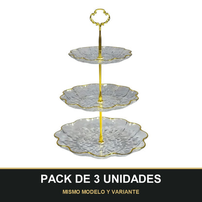PACK DE 3 UNIDADES — Soporte de Plástico de 3 Niveles con Bordes Dorados – Ideal para Postres y Aperitivos ✨. MISMO MODELO Y VARIANTE
