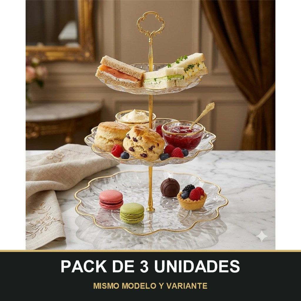 PACK DE 3 UNIDADES — Soporte de Plástico de 3 Niveles con Bordes Dorados – Ideal para Postres y Aperitivos ✨. MISMO MODELO Y VARIANTE
