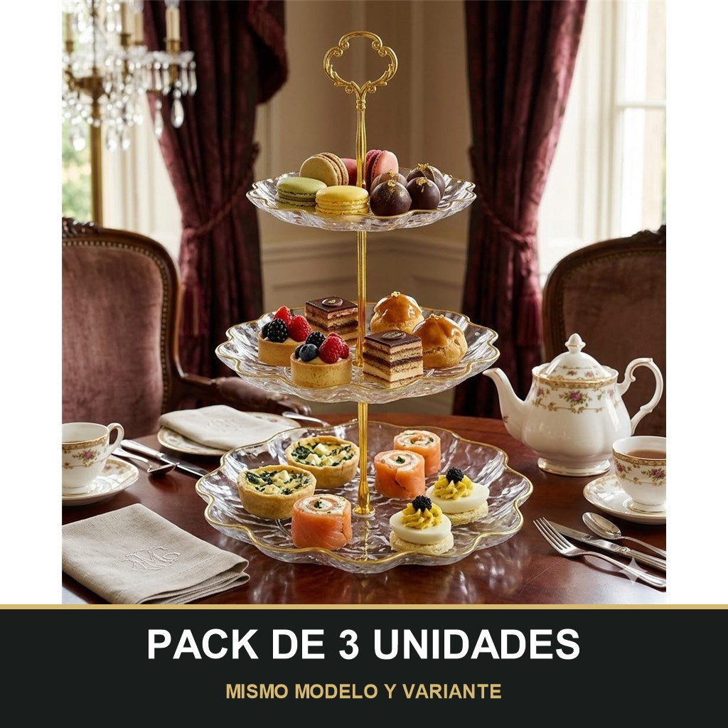 PACK DE 3 UNIDADES — Soporte de Plástico de 3 Niveles con Bordes Dorados – Ideal para Postres y Aperitivos ✨. MISMO MODELO Y VARIANTE