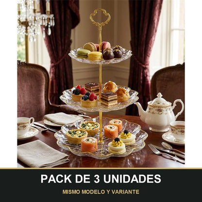 PACK DE 3 UNIDADES — Soporte de Plástico de 3 Niveles con Bordes Dorados – Ideal para Postres y Aperitivos ✨. MISMO MODELO Y VARIANTE
