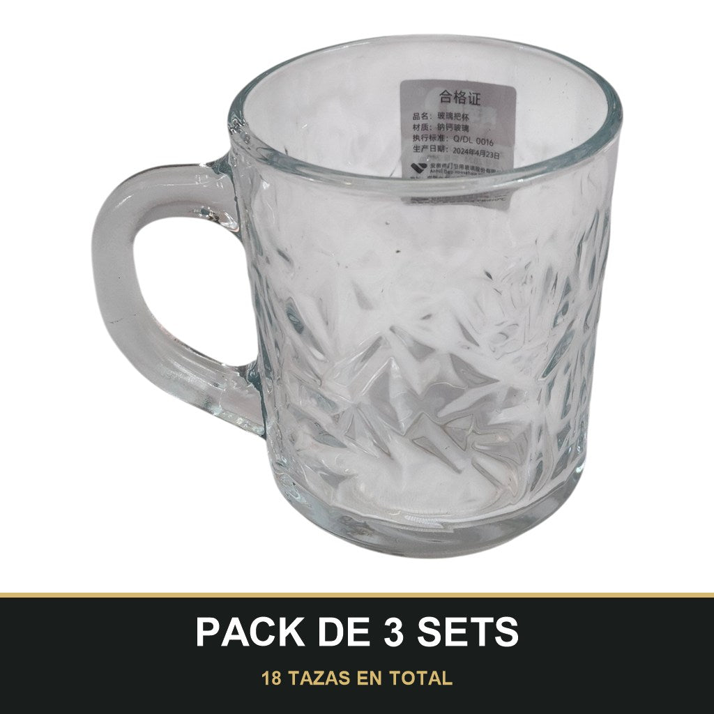 PACK DE 3 SETS — Set de 6 tazas de cristal con relieve y asa. 18 TAZAS EN TOTAL