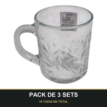PACK DE 3 SETS — Set de 6 tazas de cristal con relieve y asa. 18 TAZAS EN TOTAL