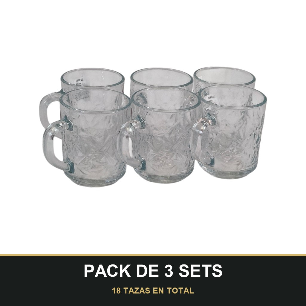 PACK DE 3 SETS — Set de 6 tazas de cristal con relieve y asa. 18 TAZAS EN TOTAL