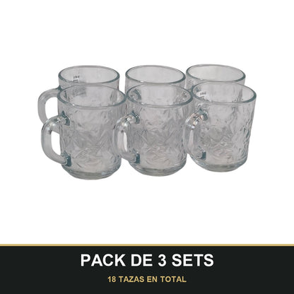 PACK DE 3 SETS — Set de 6 tazas de cristal con relieve y asa. 18 TAZAS EN TOTAL