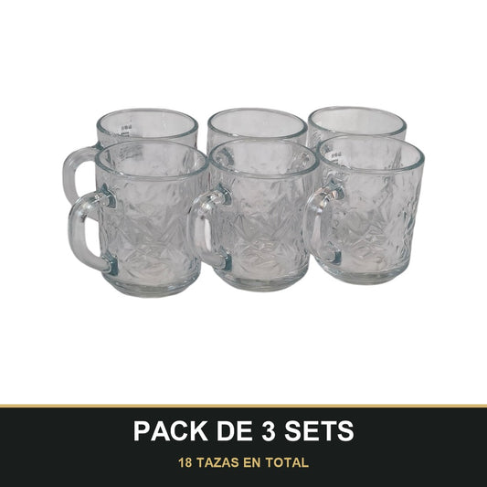 PACK DE 3 SETS — Set de 6 tazas de cristal con relieve y asa. 18 TAZAS EN TOTAL