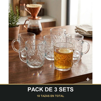 PACK DE 3 SETS — Set de 6 tazas de cristal con relieve y asa. 18 TAZAS EN TOTAL