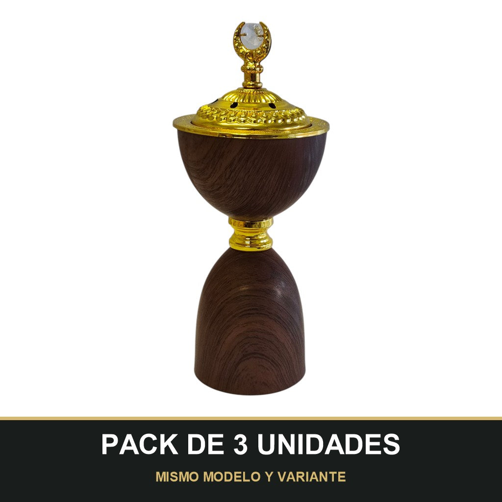 PACK DE 3 UNIDADES — Quemador de Incienso Árabe Marrón y Dorado — Diseño de Madera con Media Luna. MISMO MODELO Y VARIANTE