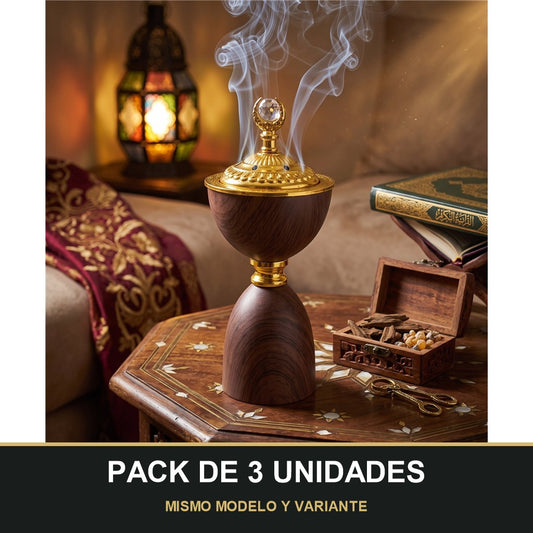 PACK DE 3 UNIDADES — Quemador de Incienso Árabe Marrón y Dorado — Diseño de Madera con Media Luna. MISMO MODELO Y VARIANTE