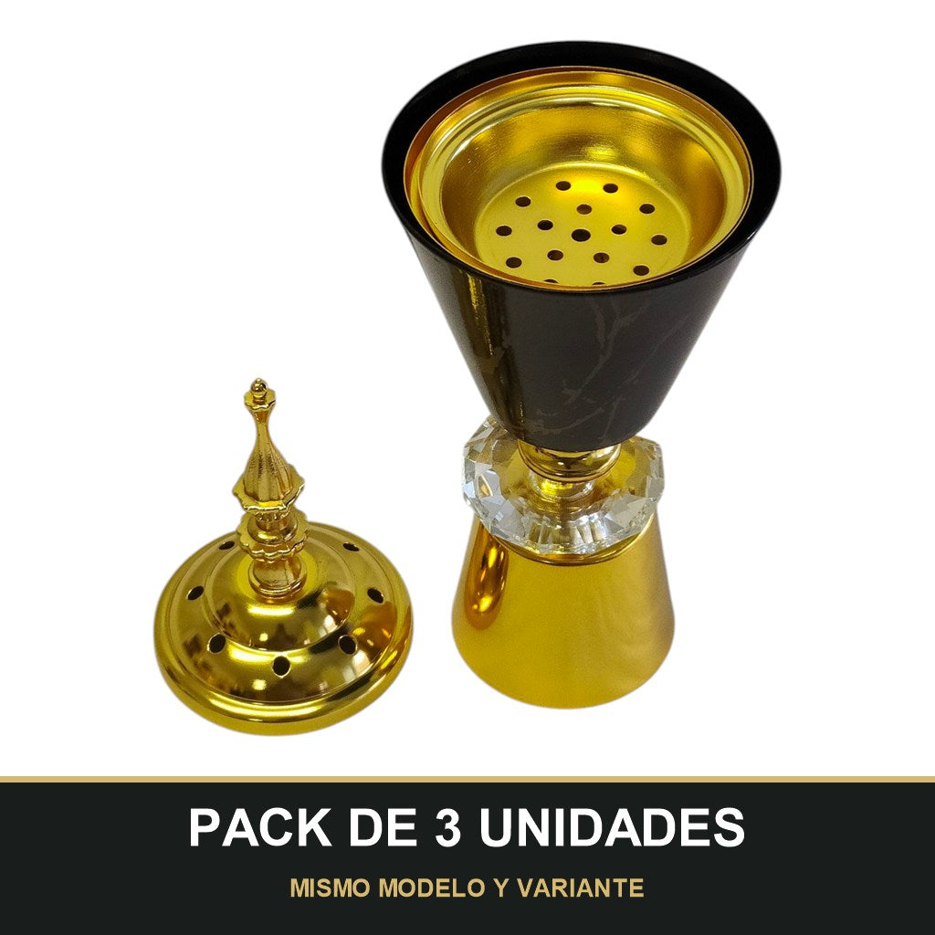 PACK DE 3 UNIDADES — Quemador de Incienso Árabe Negro y Dorado — Diseño Elegante con Base de Cristal. MISMO MODELO Y VARIANTE