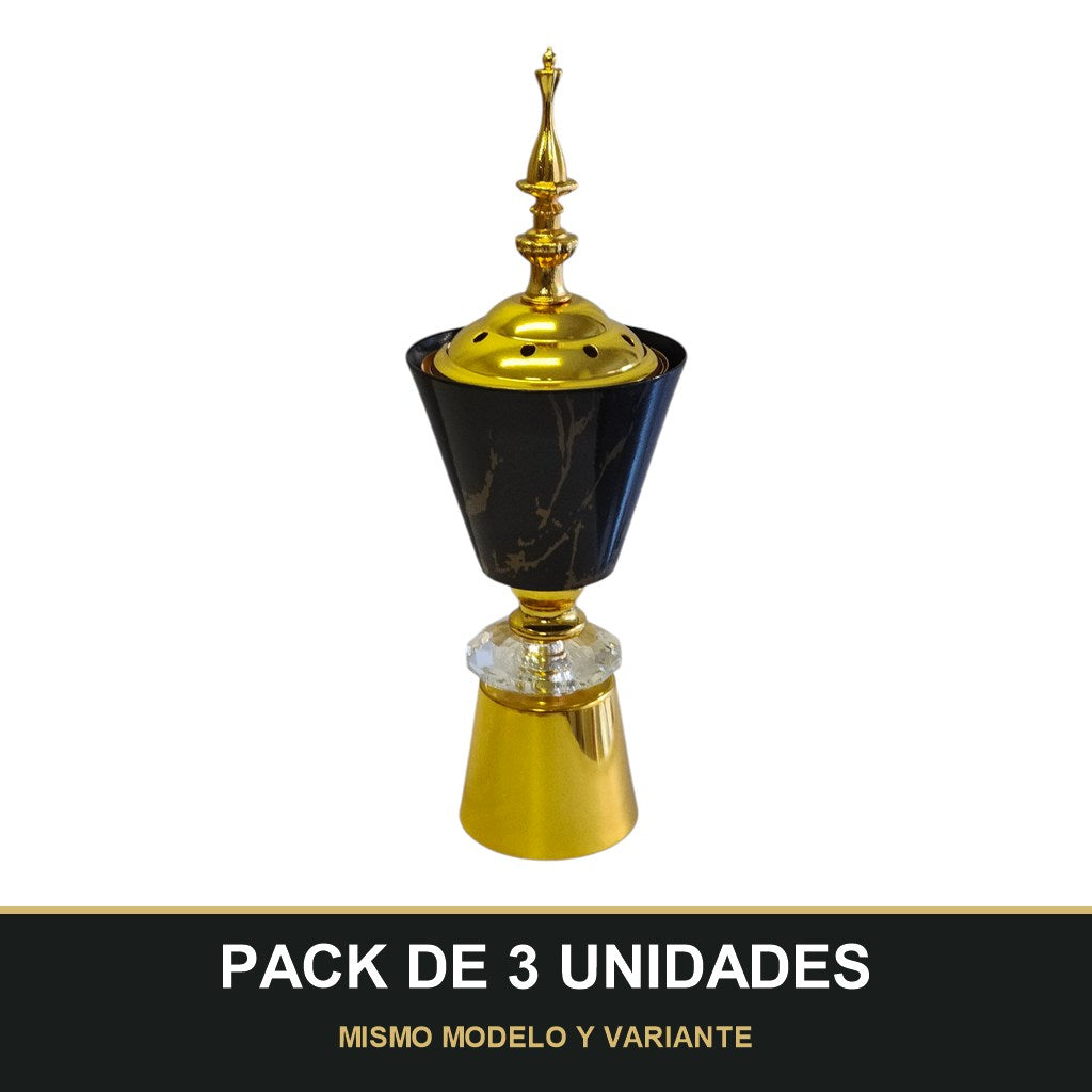 PACK DE 3 UNIDADES — Quemador de Incienso Árabe Negro y Dorado — Diseño Elegante con Base de Cristal. MISMO MODELO Y VARIANTE