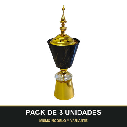 PACK DE 3 UNIDADES — Quemador de Incienso Árabe Negro y Dorado — Diseño Elegante con Base de Cristal. MISMO MODELO Y VARIANTE