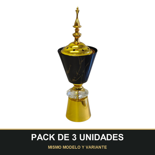 PACK DE 3 UNIDADES — Quemador de Incienso Árabe Negro y Dorado — Diseño Elegante con Base de Cristal. MISMO MODELO Y VARIANTE