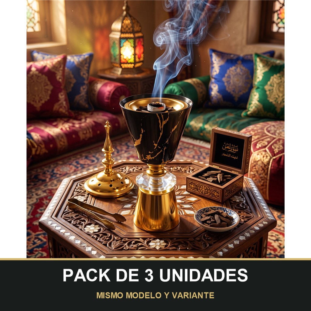 PACK DE 3 UNIDADES — Quemador de Incienso Árabe Negro y Dorado — Diseño Elegante con Base de Cristal. MISMO MODELO Y VARIANTE