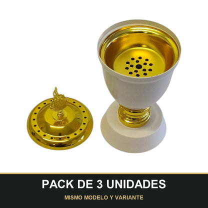 PACK DE 3 UNIDADES — Quemador de Incienso Árabe Blanco y Dorado — Diseño Clásico con Detalle Superior. MISMO MODELO Y VARIANTE