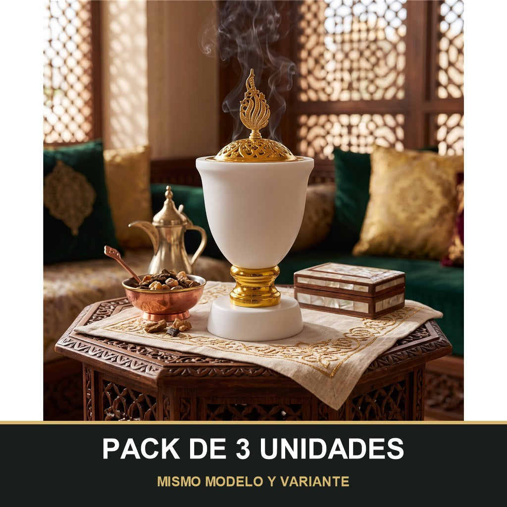 PACK DE 3 UNIDADES — Quemador de Incienso Árabe Blanco y Dorado — Diseño Clásico con Detalle Superior. MISMO MODELO Y VARIANTE