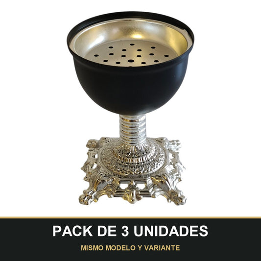 PACK DE 3 UNIDADES — Quemador de Incienso Árabe Negro y Plateado — Diseño Clásico con Base Tallada. MISMO MODELO Y VARIANTE