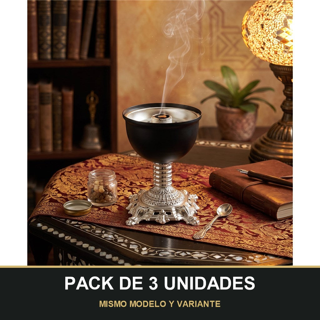 PACK DE 3 UNIDADES — Quemador de Incienso Árabe Negro y Plateado — Diseño Clásico con Base Tallada. MISMO MODELO Y VARIANTE
