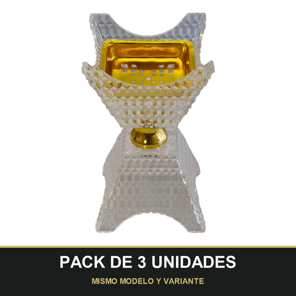 PACK DE 3 UNIDADES — Quemador de Incienso Árabe Transparente y Dorado — Diseño de Cristal Tallado. MISMO MODELO Y VARIANTE