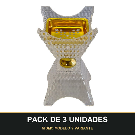 PACK DE 3 UNIDADES — Quemador de Incienso Árabe Transparente y Dorado — Diseño de Cristal Tallado. MISMO MODELO Y VARIANTE