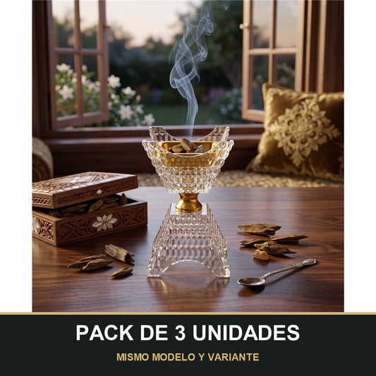 PACK DE 3 UNIDADES — Quemador de Incienso Árabe Transparente y Dorado — Diseño de Cristal Tallado. MISMO MODELO Y VARIANTE