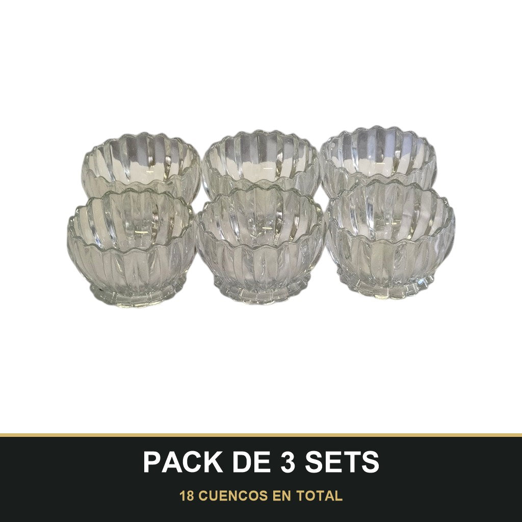 PACK DE 3 SETS — Set de 6 Cuencos de Cristal Transparente – 10 cm | Ideal para Postres, Frutas y Aperitivos. 18 CUENCOS EN TOTAL