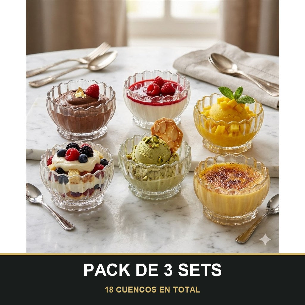 PACK DE 3 SETS — Set de 6 Cuencos de Cristal Transparente – 10 cm | Ideal para Postres, Frutas y Aperitivos. 18 CUENCOS EN TOTAL