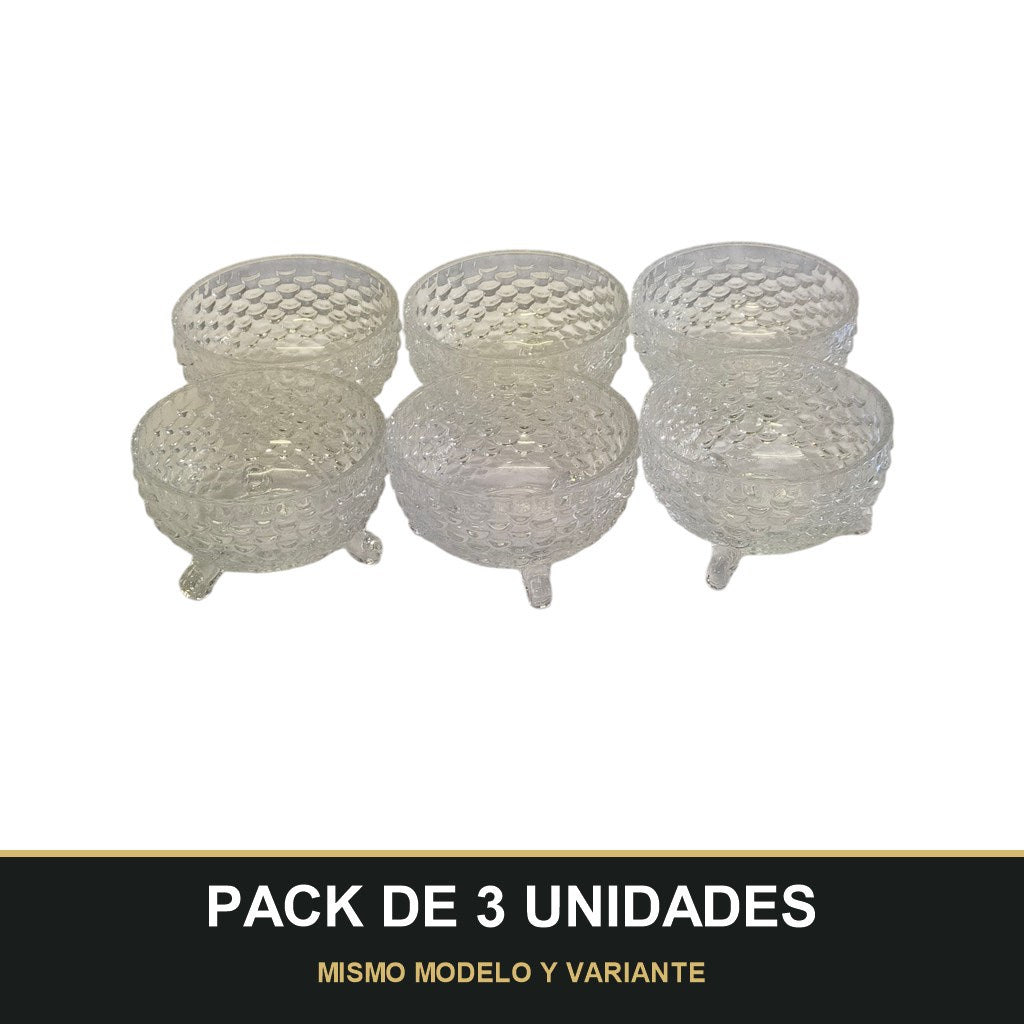 PACK DE 3 UNIDADES — Cuenco de Cristal con Patas – Diseño Vintage Texturizado | Ideal para Postres y Aperitivos. MISMO MODELO Y VARIANTE