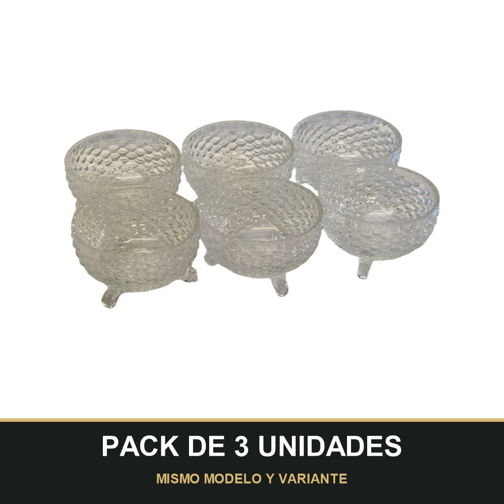 PACK DE 3 UNIDADES — Cuenco de Cristal con Patas – Diseño Vintage Texturizado | Ideal para Postres y Aperitivos. MISMO MODELO Y VARIANTE