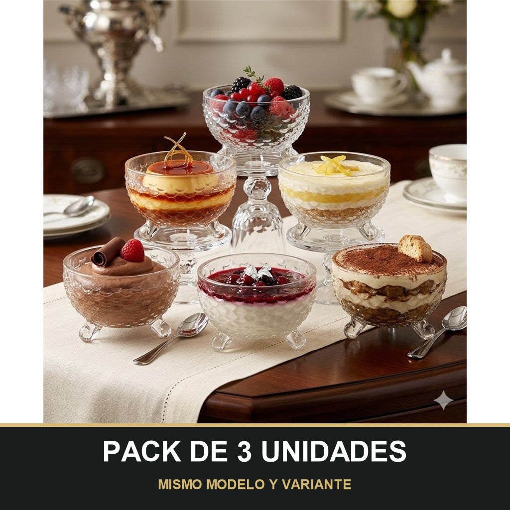 PACK DE 3 UNIDADES — Cuenco de Cristal con Patas – Diseño Vintage Texturizado | Ideal para Postres y Aperitivos. MISMO MODELO Y VARIANTE