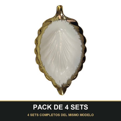 PACK DE 4 SETS — Juego de Cerámica Decorativa Hoja 15 cm x 9 cm. 4 SETS COMPLETOS DEL MISMO MODELO
