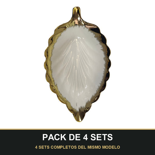 PACK DE 4 SETS — Juego de Cerámica Decorativa Hoja 15 cm x 9 cm. 4 SETS COMPLETOS DEL MISMO MODELO
