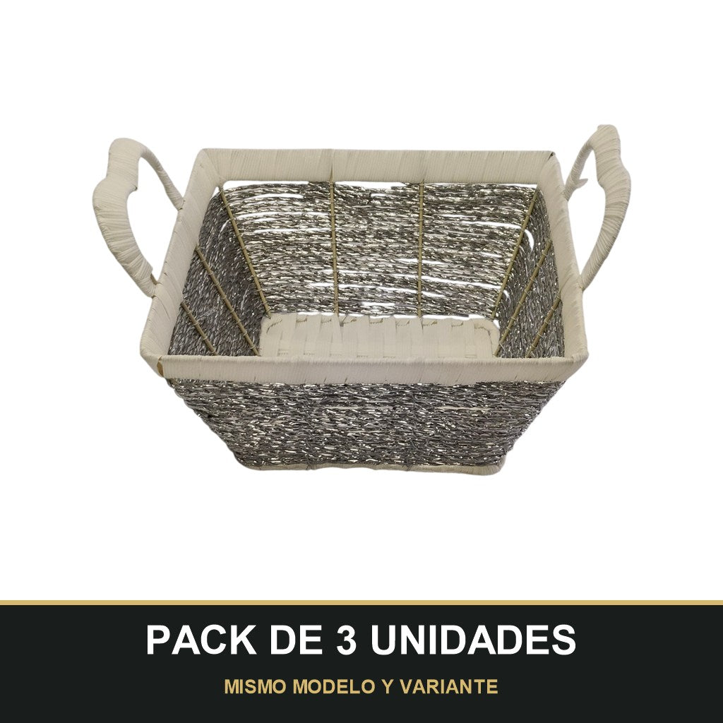 PACK DE 3 UNIDADES — Cesta Organizadora Tejida con Asas — Rectangular Plata/Beige. MISMO MODELO Y VARIANTE