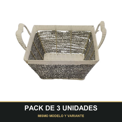 PACK DE 3 UNIDADES — Cesta Organizadora Tejida con Asas — Rectangular Plata/Beige. MISMO MODELO Y VARIANTE