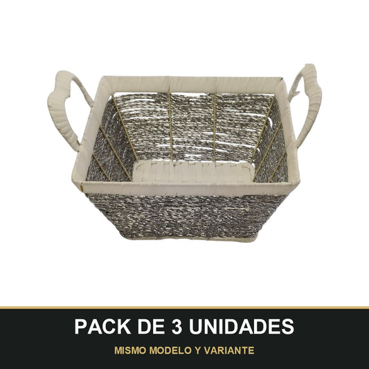 PACK DE 3 UNIDADES — Cesta Organizadora Tejida con Asas — Rectangular Plata/Beige. MISMO MODELO Y VARIANTE