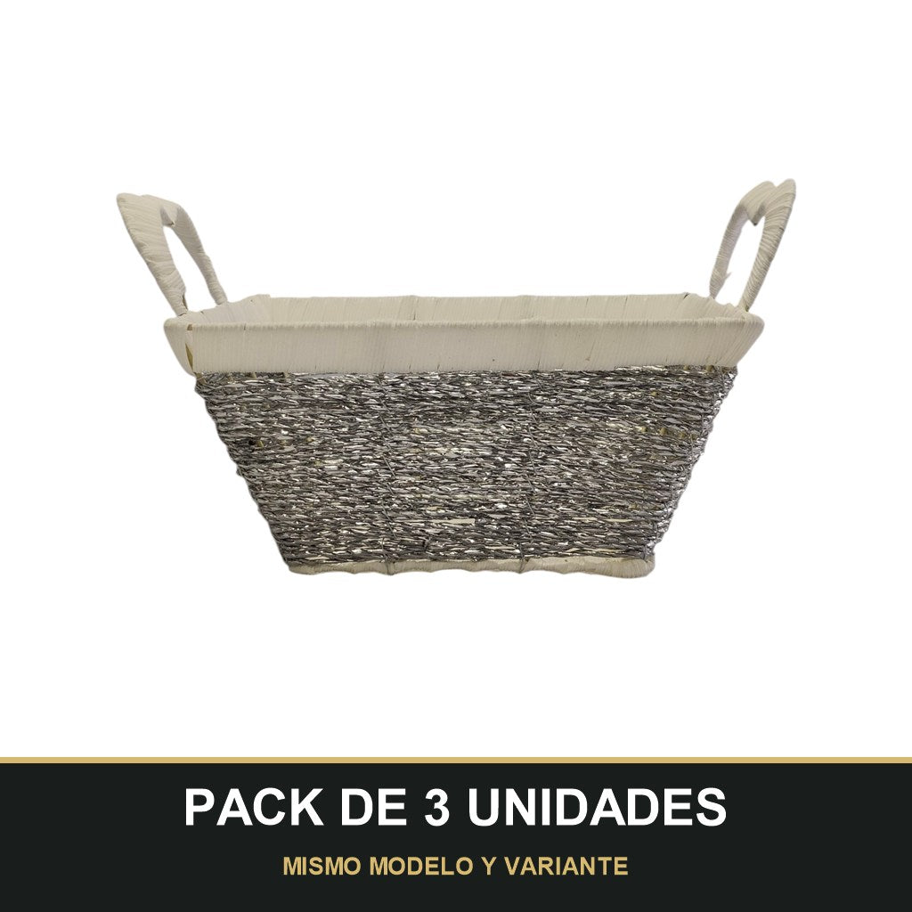 PACK DE 3 UNIDADES — Cesta Organizadora Tejida con Asas — Rectangular Plata/Beige. MISMO MODELO Y VARIANTE