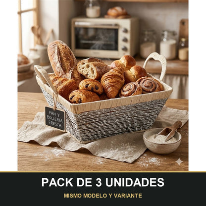 PACK DE 3 UNIDADES — Cesta Organizadora Tejida con Asas — Rectangular Plata/Beige. MISMO MODELO Y VARIANTE