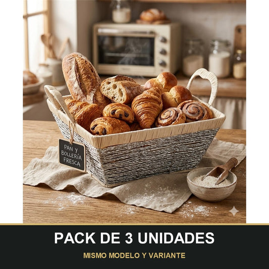 PACK DE 3 UNIDADES — Cesta Organizadora Tejida con Asas — Rectangular Plata/Beige. MISMO MODELO Y VARIANTE