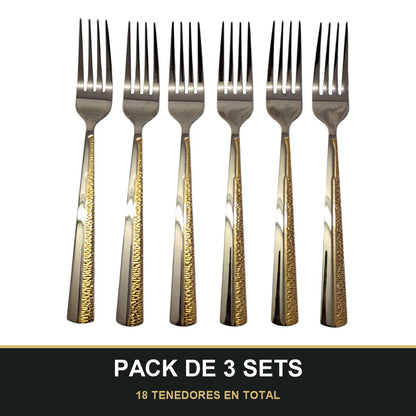 PACK DE 3 SETS — Set de 6 Tenedores de Mesa – Acero Inoxidable con Detalle Dorado | Colección Premium. 18 TENEDORES EN TOTAL