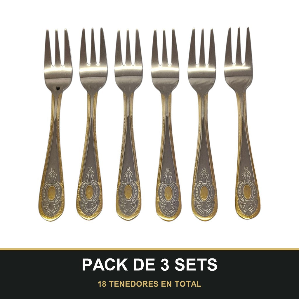 PACK DE 3 SETS — Set de 6 Tenedores de Postre – Acero Inoxidable con Grabado y Borde Dorado | Colección Clásica. 18 TENEDORES EN TOTAL