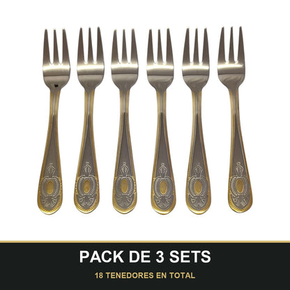PACK DE 3 SETS — Set de 6 Tenedores de Postre – Acero Inoxidable con Grabado y Borde Dorado | Colección Clásica. 18 TENEDORES EN TOTAL