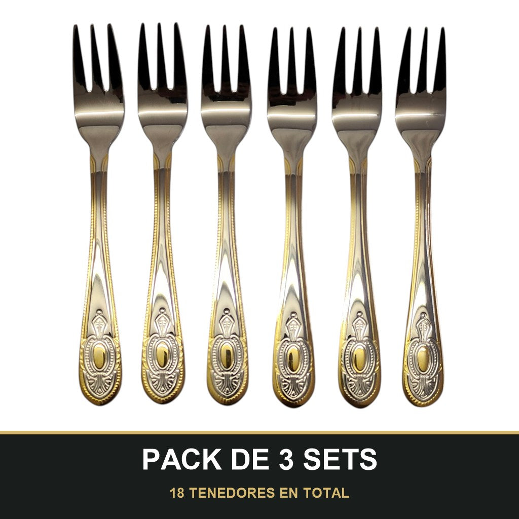 PACK DE 3 SETS — Set de 6 Tenedores de Postre – Acero Inoxidable con Grabado y Borde Dorado | Colección Clásica. 18 TENEDORES EN TOTAL