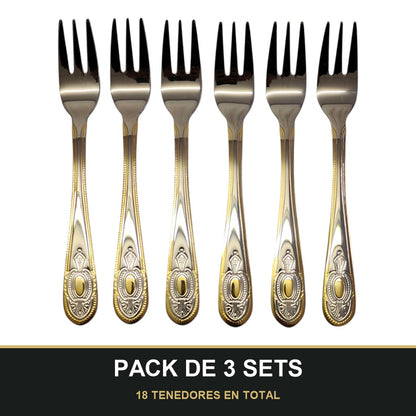PACK DE 3 SETS — Set de 6 Tenedores de Postre – Acero Inoxidable con Grabado y Borde Dorado | Colección Clásica. 18 TENEDORES EN TOTAL