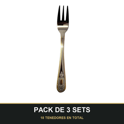 PACK DE 3 SETS — Set de 6 Tenedores de Postre – Acero Inoxidable con Grabado y Borde Dorado | Colección Clásica. 18 TENEDORES EN TOTAL