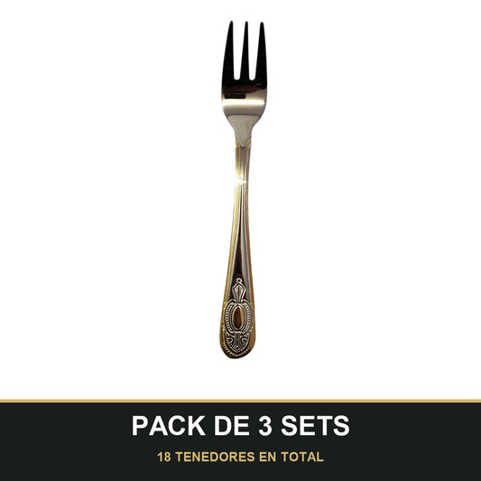 PACK DE 3 SETS — Set de 6 Tenedores de Postre – Acero Inoxidable con Grabado y Borde Dorado | Colección Clásica. 18 TENEDORES EN TOTAL