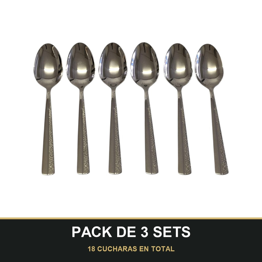PACK DE 3 SETS — Set de 6 Cucharas de Postre – Acero Inoxidable con Mango Texturizado | Acabado Espejo. 18 CUCHARAS EN TOTAL